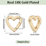 6Pcs Brass Spring Gate Rings, Heart, Real 18K Gold Plated, 16x16x2mm, Inner Diameter: 9mm