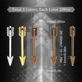 60Pcs 3 Colors Tibetan Style Pendants, Arrow, Cadmium Free & Nickel Free & Lead Free, Mixed Color, 29~30x5x1.5~2mm, Hole: 2~2.5mm, 20pcs/color