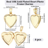 6Pcs Brass Locket Pendants, Photo Frame Pendants for Necklaces, Long-Lasting Plated, Heart, Real 18K Gold Plated, 21.5x17x4.5mm, Hole: 5x4mm