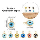 36Pcs 6 Colors Handmade Evil Eye Lampwork Charms, with Brass Findings, Flat Round, Mixed Color, 10x6.5x3mm, Hole: 1.5mm, 6pcs/color