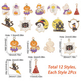 24Pcs 12 Style Halloween Theme Alloy Enamel Pendants, Pumpkin Jack-O'-Lantern & Haunted House & Ghost, Mixed Color, 19.5~32x11~34x1~2mm, Hole: 1.4~2mm, 2pcs/style