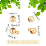 60Pcs 2 Style Brass Beads, with Silicone inside, Slider Beads, Stopper Beads, Long-Lasting Plated, Rondelle, Golden, 3~5x2.5~3mm, Hole: 0.6mm, 30pcs/style