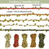 5 Bundles 5 Colors Wax Cotton Knitted Cord with Leaf Trimming, Imitation Rattan, for Gift Wrapping, Party Decoration, Mixed Color, 20x5mm, about 10m/bundle, 1 color/bundle