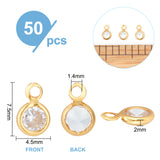 50Pcs Clear Cubic Zirconia Charms, with Brass Edge & Loop, Flat Round Charm, Long-Lasting Plated, Real 18K Gold Plated, 7.5x4.5x2mm, Hole: 1.4mm