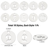 10Pcs 304 Stainless Steel Pendants, Hollow, Flat Round with Number 1~10, Stainless Steel Color, 1pc/number