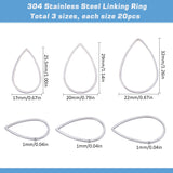 60Pcs 3 Sizes 304 Stainless Steel Linking Ring, Teardrop, Stainless Steel Color, 25.5~32x17~22x1mm, Inner Diameter: 23~29.5x15~20mm, 20pcs/size