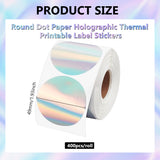 Round Dot Paper Holographic Thermal Printable Label Stickers, Circle Rainbow Glitter Self-Adhesive Thermal Printer Labels for Gift Wrapping, DIY Custom Logo Design, Colorful, 49mm, 400pcs/roll