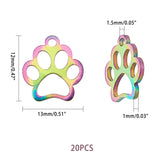 201 Stainless Steel Pet Charms, Dog Paw Prints, Rainbow Color, 13x12x1mm, Hole: 1.5mm, 20pcs/box