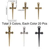 60Pcs 3 Colors Tibetan Style Alloy Pendant, Sword, Mixed Color, 34.5x13.5x2mm, Hole: 2.5x1.5mm, 20pcs/color