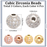 12Pcs 3 Colors Rack Plating Brass Cubic Zirconia Beads, Long-Lasting Plated, Round, Mixed Color, 8x7mm, Hole: 2mm, 4pcs/color
