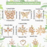 16Pcs 8 Style Brass Micro Pave Cubic Zirconia Pendants, Light Gold, Long-Lasting Plated, Cadmium Free & Lead Free, Butterfly/Heart/Leaf Charm, Clear, 13.5~18.5x11~20x2.5~4mm, Hole: 1~1.6mm, 2pcs/style