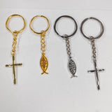 Jesus Fish & Cross Tibetan Style Alloy Pendant Keychain, with Iron Split Key Rings, for Car Key Bag Decoration, Platinum & Golden, 8.3~9.3cm, 2 color, 12pcs/color, 24pcs/set