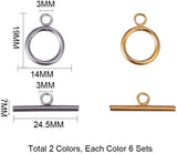 304 Stainless Steel Ring Toggle Clasps, Golden & Stainless Steel Color, Ring: 19x14x2mm, Hole: 3mm, Bar: 24.5x7x2.5mmm, Hole: 3mm, 12sets/box