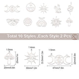 20Pcs 10 Style 201 Stainless Steel Pendants, Laser Cut, Mushroom & Snake & Sun & Moth & Beetle & Prism, Stainless Steel Color, 2pcs/style