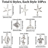 60Pcs 6 Styles Tibetan Style Alloy Connector Charms, Turtle & Clock & Anchor, Mixed Shapes, Antique Silver, 18~28x11~20x3~4mm, Hole: 1.4~2mm, 10pcs/style