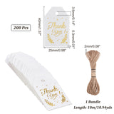 200Pcs Word Thank You Paper Gift Tags, Hange Tags, For Garment Accessories, with 1 Bundle Jute Cord, Gold, Card: 4x2.5x0.03cm, Hole: 3.5mm