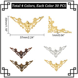 120Pcs 4 Colors Iron Filigree Joiners, Hollow, Triangle, Mixed Color, 30x57x1mm, 30pcs/color