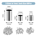 180Pcs 3 Styles 304 Stainless Steel Spacer Beads, Column, Stainless Steel Color, 2~4x2mm, Inner Diameter: 1~2.5mm, 60pcs/style