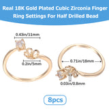 8Pcs Brass Micro Cubic Zirconia Cuff Finger Ring Settings, For Half Drilled Beads, Nickel Free, Real 18K Gold Plated, Clear, Inner Diameter: 18mm, Tray: 5mm, Pin: 0.8mm