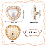 15Pcs Alloy Shank Buttons, with ABS Plastic Imitation Pearl Beads, Heart, Seashell Color, 21.5x22.5x11mm, Hole: 2.5mm