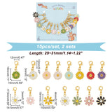 Alloy Enamel Pendant Stitch Markers, Sunflower & Daisy Crochet Lobster Clasp Charms, Locking Stitch Marker with Wine Glass Charm Ring, Mixed Color, 2.9~3.1cm, 15pcs/set