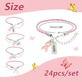 24Pcs 4 Style Alloy Enamel & Acrylic Heart Charm Bracelets Set with PU Leather Cords, October Breast Cancer Pink Awareness Ribbon & Word Hope, Pink, 7-1/2 inch(19cm), 6Pcs/style