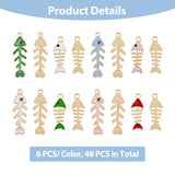 48Pcs 8 Style Alloy Enamel Pendants, Fishbone Charm, Mixed Color, 23.5~34x8.5~11x1.5mm, Hole: 1.6mm, 6pcs/style