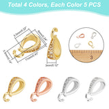 20Pcs 4 Colors Brass Micro Pave Cubic Zirconia Ice Pick Pinch Bails, Teardrop, Mixed Color, 11x3x6mm, Hole: 5.5x3.5mm, 5pcs/color