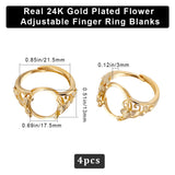 4Pcs Adjustable Brass Ring Components, Pad Ring Settings, Flower with Oval Tray, Real 24K Gold Plated, US Size 12 1/4(21.5mm), Tray: 17.5x13mm