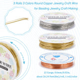 3 Rolls 3 Colors Copper Jewelry Craft Wire, Round, for Beading Jewelry Craft Making, Mixed Color, 22 Gauge, 0.6mm, about 26.24 Feet(8m)/roll, 1 roll/color