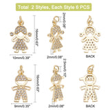 12Pcs 2 Style Brass Pendants, with Clear Cubic Zirconia, Boy & Girl, Golden, 16x9~10x12mm, Hole: 2~2.5mm, 6pcs/style