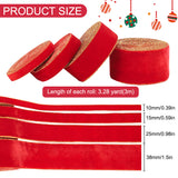 12M 4 Styles Polyester Single Face Velvet Ribbon, Gold Edged Flat Ribbon, with 4Pcs Metallic Wire Twist Ties, for Jewelry, Craft Making, Red, 3/8~1-1/2 inch(10~38mm), about 3m/style