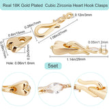 5Pcs Brass Pave Clear Cubic Zirconia Hook Clasps, Nickel Free, Heart, Real 18K Gold Plated, 29mm long, Clasps: 27x7x3mm, Hole: 1.2mm, Heart: 15x7x5mm, Hole: 1.6mm
