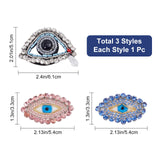3Pcs 3 Styles Evil Eye Non-woven Fabrics Cloth Sew on Appliques, Glass Rhinestone Appliques, Costume Accessories, Mixed Color, 33~51x54~61x6.5mm,  1pc/style