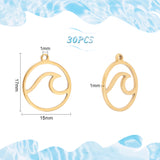 30Pcs 201 Stainless Steel Pendants, Laser Cut, Round Ring with Wave, Golden, 17x15x1mm, Hole: 1mm