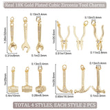 8Pcs 4 Styles Rack Plating Brass Micro Pave Cubic Zirconia Tool Pendants, Wrench & Plier & Hammer Charm, with Jump Ring, Real 18K Gold Plated, 23~32x8~16.5x2.5~6.5m, Hole: 3.4mm, 2pcs/style