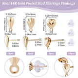 24Pcs 3 Style Teardrop & Shell & Heart Alloy Stud Earrings Findings, with Horizontal Loops & 30Pcs Eco-Friendly Plastic Ear Nuts, Real 14K Gold Plated, 7.5~10x5~5.5mm, Hole: 1mm, Pin: 0.7~0.8mm, 8Pcs/style