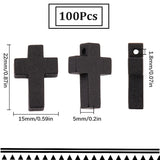 100Pcs Wooden Pendants, Dyed, Religion Cross Charms, Black, 21~22x14~15x4~5mm, Hole: 1.8mm