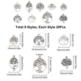 90Pcs 9 Style Tibetan Style Alloy Pendants, Tree & Flat Round & Oval with Tree of Life, Antique Silver, 10pcs/style