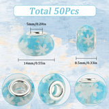 50Pcs Transparent Resin European Rondelle Beads, Large Hole Beads, with Snowflake Polymer Clay and Platinum Tone Alloy Double Cores, Light Sky Blue, 14x8.5mm, Hole: 5mm