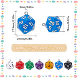 28Pcs 7Colors Opaque Acrylic Pendants, with Platinum Plated Iron Findings, Faceted, Polyhedral Dice, D20, Mixed Color, 27.5x20x20mm, Hole: 2mm, 4pcs/color