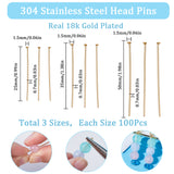 300Pcs 3 Styles 304 Stainless Steel Flat Head Pins, Golden, 25~50x0.7mm(21 Gauge), Head: 1.5mm, 100pcs/style