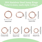 720Pcs 6 Styles 304 Stainless Steel Jump Rings, Open Jump Rings, Rose Gold, 26 Gauge~21 Gauge, 3~6x0.4~0.7mm, 120pcs/style