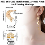 12Pcs Crescent Moon Brass Micro Pave Clear Cubic Zirconia Stud Earring Findings, with Vertical Loops & 12Pcs Ear Nuts, Real 18K Gold Plated, 8.5x5mm, Hole: 0.7mm, Pin: 0.7mm