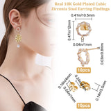 10Pcs Ring Shape Brass Cubic Zirconia Stud Earring Findings, Nickel Free, with Horizontal Loops and 10Pcs Friction Ear Nuts, Clear, Real 18K Gold Plated, 12x10.5mm, Hole: 1mm, Pin: 0.8mm