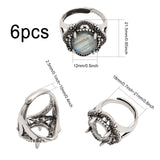 6Pcs Adjustable Alloy Finger Ring Findings, 4 Claw Prong Pad Ring Settings, Rhombus with Round Tray, Antique Silver, Inner Diameter: 18~21mm, Tray: 12x12mm