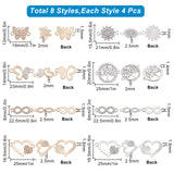 32Pcs 8 Styles Alloy Crystal Rhinestone Connector Charms, Mix-shaped, Mixed Color, 13~22.5x8~25x1~3mm, Hole: 1~1.8mm, 4pcs/style
