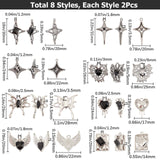 16Pcs 8 Style Rack Plating Alloy Glass Pendants, Cadmium Free & Lead Free & Nickle Free, Star & Spider Web & Heart & Rectangle Charms, Black, 20~30x14~28x2.5~5mm, Hole: 1.2~2.5mm, 2Pcs/style