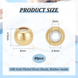 60Pcs Brass Beads, Rubber inside, Slider Beads, Stopper Beads, Long-lasting Plated, Rondelle, Real 18K Gold Plated, 6x4.5mm, Hole: 2mm