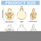 8Pcs 2 Colors Brass Charms, Flat Round with Bee, Mixed Color, 10~14x8~14x1.5~2mm, Hole: 1~3.5mm, 4pcs/color